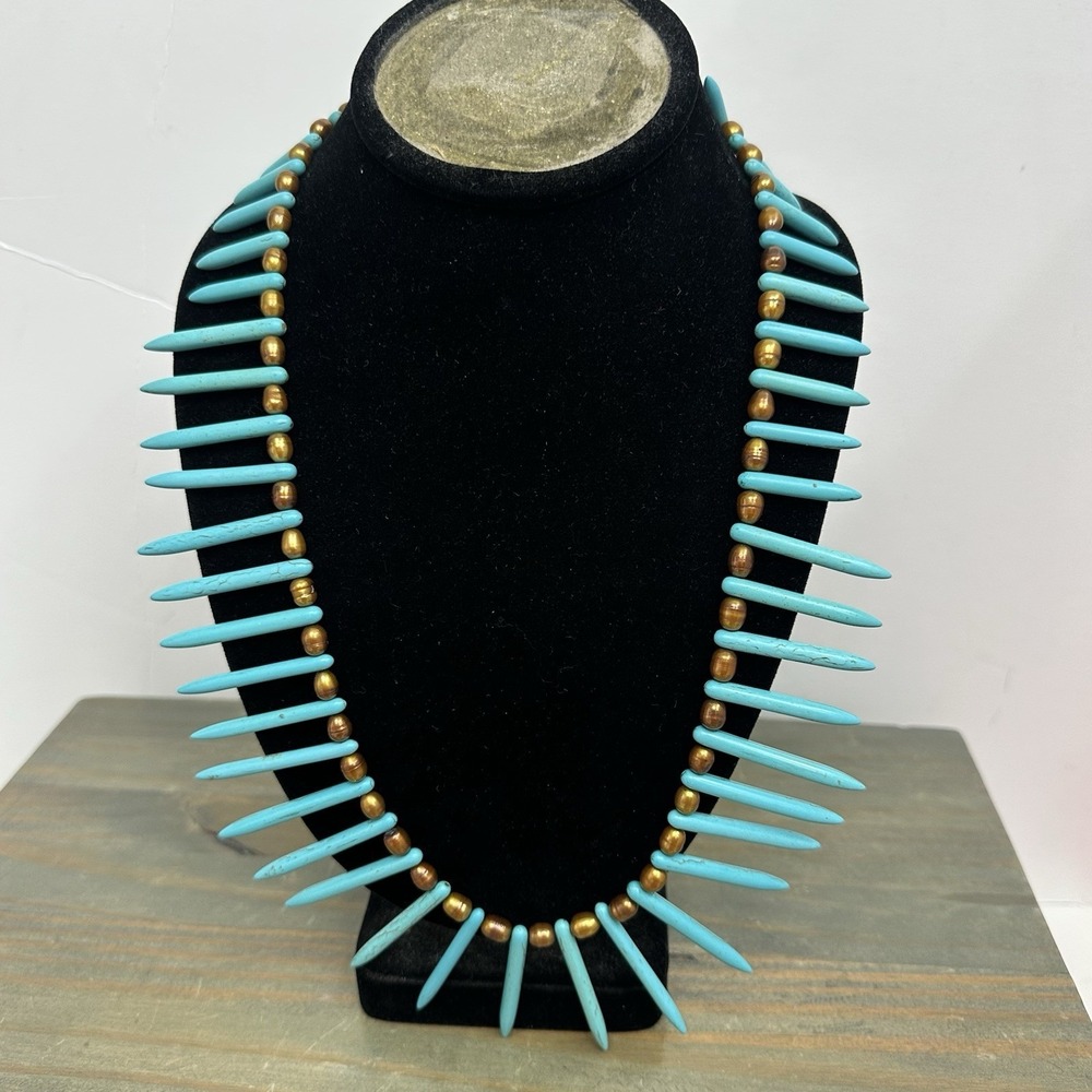 Boho Spiked Faux Turquoise Brass Tone Fringe Bib Statement Necklace 24"